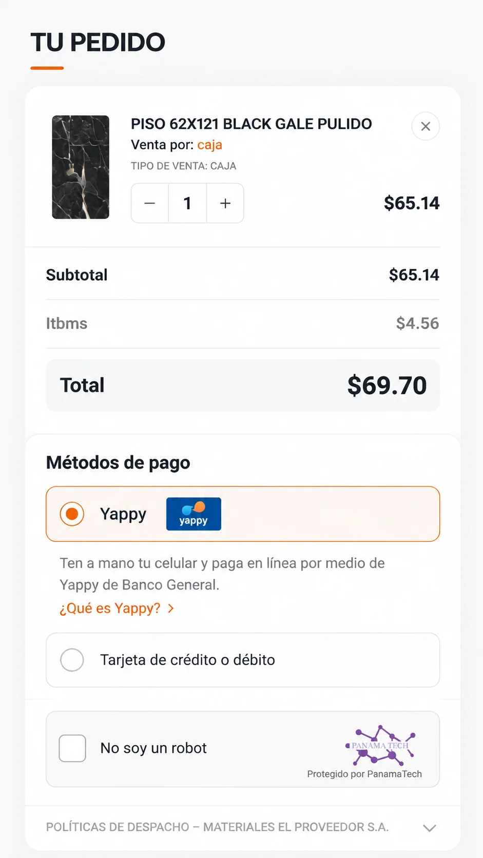 Checkout móvil de una tienda online desarrollada por Web Studio Panamá