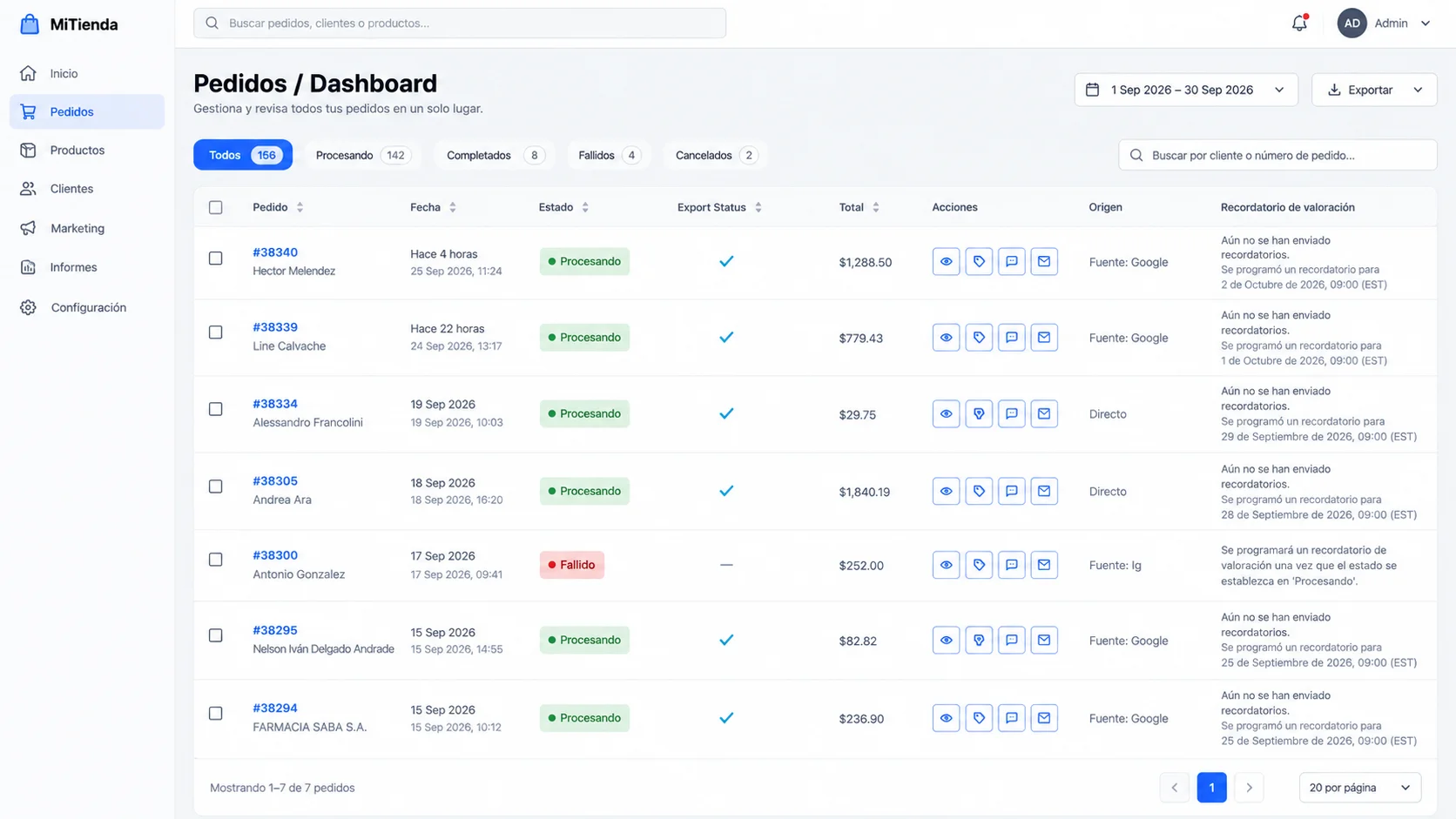 Dashboard de pedidos de una plataforma e-commerce desarrollada por Web Studio Panamá